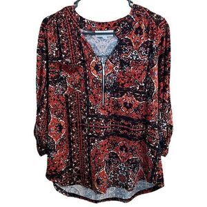 Carolyn Taylor Blouse Top Zipper Neck 3/4 Sleeve Pocket Printed Black‎ Red XL
